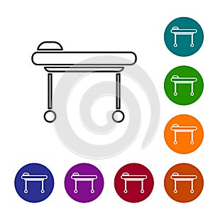 Black line Stretcher icon isolated on white background. Patient hospital medical stretcher. Set icons in color circle
