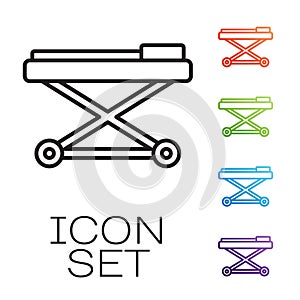 Black line Stretcher icon isolated on white background. Patient hospital medical stretcher. Set icons colorful. Vector