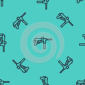 Black line Submachine gun M3, Grease gun icon isolated seamless pattern on green background. Vector