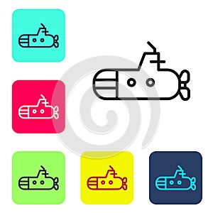 Black line Submarine icon isolated on white background. Military ship. Set icons in color square buttons. Vector