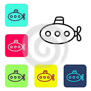 Black line Submarine toy icon isolated on white background. Set icons in color square buttons. Vector
