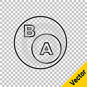 Black line Subsets, mathematics, a is subset of b icon isolated on transparent background. Vector