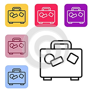 Black line Suitcase for travel icon isolated on white background. Traveling baggage sign. Travel luggage icon. Set icons