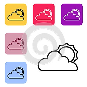 Black line Sun and cloud weather icon isolated on white background. Set icons in color square buttons. Vector
