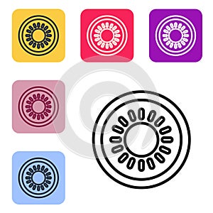 Black line Sun icon isolated on white background. Summer symbol. Good sunny day. Set icons in color square buttons