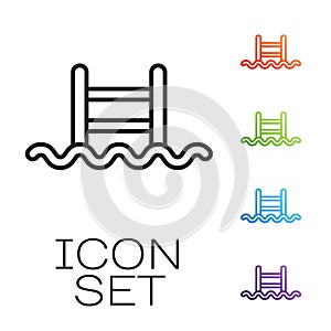 Black line Swimming pool with ladder icon isolated on white background. Set icons colorful. Vector