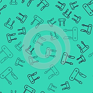 Black line Swiss army knife icon isolated seamless pattern on green background. Multi-tool, multipurpose penknife