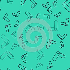 Black line Swiss army knife icon isolated seamless pattern on green background. Multi-tool, multipurpose penknife