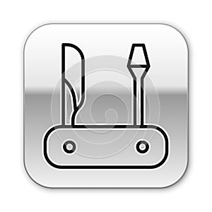 Black line Swiss army knife icon isolated on white background. Multi-tool, multipurpose penknife. Multifunctional tool