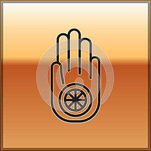 Black line Symbol of Jainism or Jain Dharma icon isolated on gold background. Religious sign. Symbol of Ahimsa. Vector
