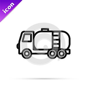 Black line Tanker truck icon isolated on white background. Petroleum tanker, petrol truck, cistern, oil trailer. Vector