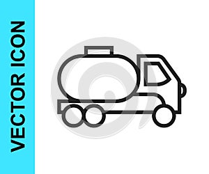 Black line Tanker truck icon isolated on white background. Petroleum tanker, petrol truck, cistern, oil trailer. Vector