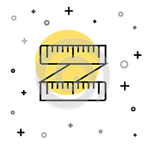 Black line Tape measure icon isolated on white background. Measuring tape. Random dynamic shapes. Vector Illustration