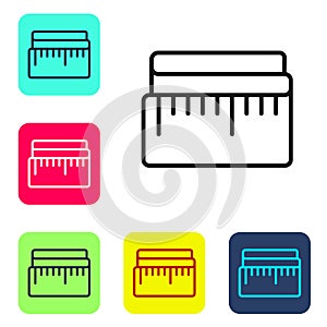 Black line Tape measure icon isolated on white background. Measuring tape. Set icons in color square buttons. Vector