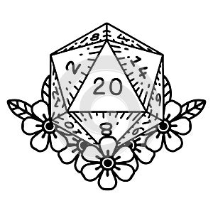 black line tattoo of a d20