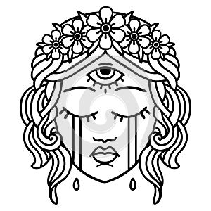 black line tattoo of female face with third eye crying