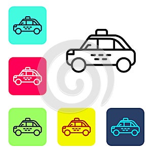Black line Taxi car icon isolated on white background. Set icons in color square buttons. Vector