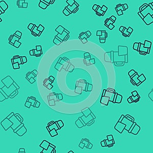 Black line Thermos container and cup icon isolated seamless pattern on green background. Thermo flask icon. Camping and