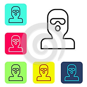 Black line Thief mask icon isolated on white background. Bandit mask, criminal man. Set icons in color square buttons