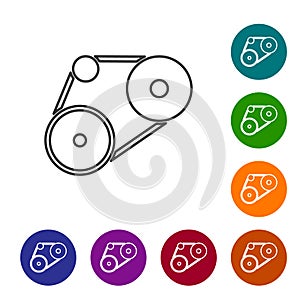 Black line Timing belt kit icon isolated on white background. Set icons in color circle buttons. Vector