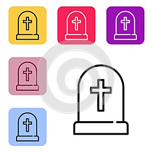 Black line Tombstone with cross icon isolated on white background. Grave icon. Happy Halloween party. Set icons in color