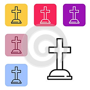 Black line Tombstone with cross icon isolated on white background. Grave icon. Set icons in color square buttons. Vector