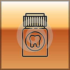 Black line Toothache painkiller tablet icon isolated on gold background. Tooth care medicine. Capsule pill and drug