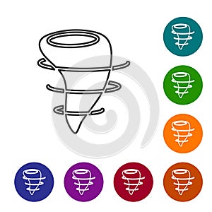 Black line Tornado icon isolated on white background. Set icons in color circle buttons. Vector Illustration