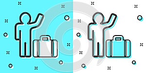 Black line Tourist with suitcase icon isolated on green and white background. Travelling, vacation, tourism concept