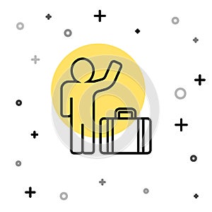 Black line Tourist with suitcase icon isolated on white background. Travelling, vacation, tourism concept. Random