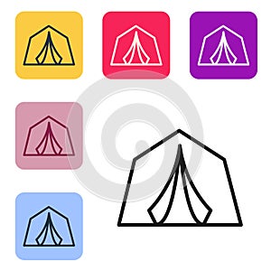 Black line Tourist tent icon isolated on white background. Camping symbol. Set icons in color square buttons. Vector