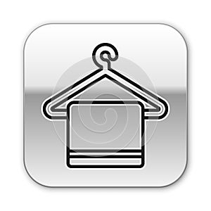 Black line Towel on a hanger icon isolated on white background. Bathroom towel icon. Silver square button. Vector