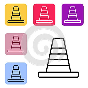 Black line Traffic cone icon isolated on white background. Set icons in color square buttons. Vector