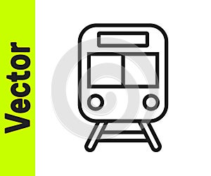 Black line Train and railway icon isolated on white background. Public transportation symbol. Subway train transport