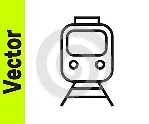 Black line Train and railway icon isolated on white background. Public transportation symbol. Subway train transport. Metro