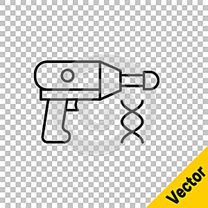 Black line Transfer liquid gun in biological laborator icon isolated on transparent background. Vector