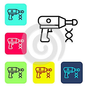 Black line Transfer liquid gun in biological laborator icon isolated on white background. Set icons in color square