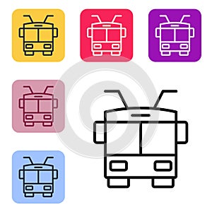 Black line Trolleybus icon isolated on white background. Public transportation symbol. Set icons in color square buttons