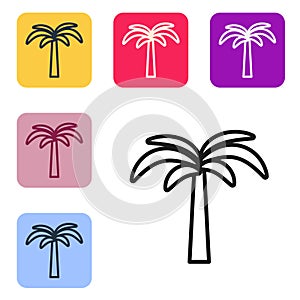 Black line Tropical palm tree icon isolated on white background. Coconut palm tree. Set icons in color square buttons