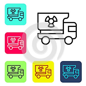 Black line Truck with radiation materials icon isolated on white background. Set icons in color square buttons. Vector