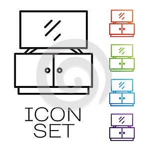 Black line TV table stand icon isolated on white background. Set icons colorful. Vector