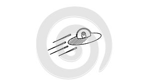 Black line UFO flying spaceship and alien icon isolated on white background. Flying saucer. Alien space ship. Futuristic