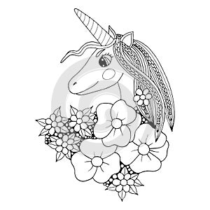 Black line Unicorn for coloring book or page