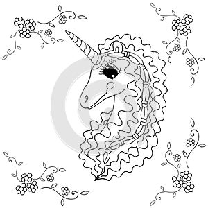 Black line Unicorn for coloring book or page