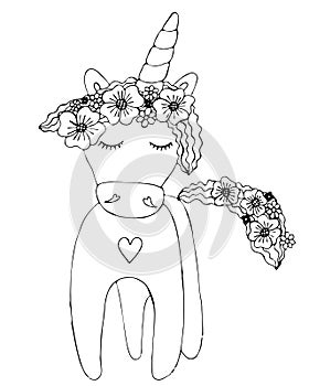 Black line Unicorn for coloring book or page. Cute Unicorn