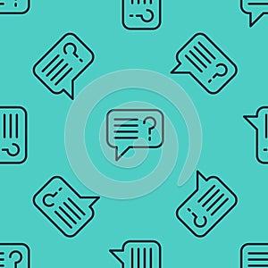 Black line Unknown search icon isolated seamless pattern on green background. Magnifying glass and question mark. Vector