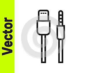Black line USB cable cord icon isolated on white background. Connectors and sockets for PC and mobile devices. Vector