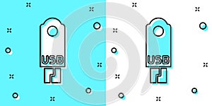 Black line USB flash drive icon isolated on green and white background. Random dynamic shapes. Vector Illustration