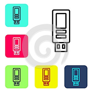 Black line USB flash drive icon isolated on white background. Set icons in color square buttons. Vector