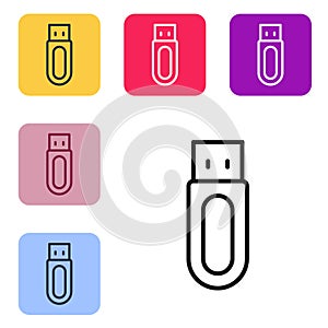 Black line USB flash drive icon isolated on white background. Set icons in color square buttons. Vector